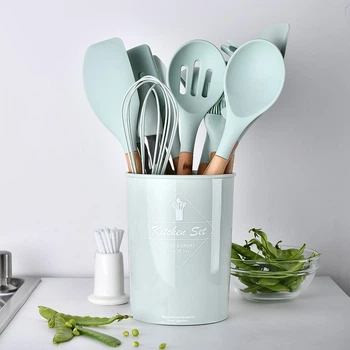 Силіконовий кухонний набір приладдя Kitchen Set 12 предметів (дерево+силікон) м'ятний