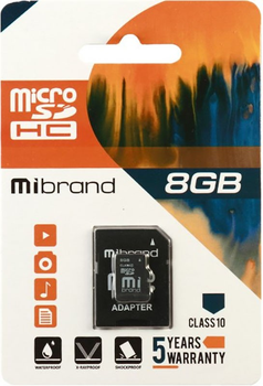 Карта памяти Mibrand microSDHC class 10 + SD adapter 8Gb