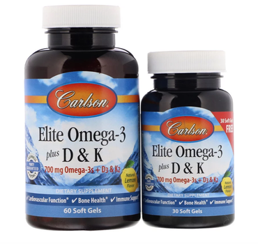Биодобавка Carlson Labs Омега-3 с витаминами D и K (Elite Omega-3 D & K) 60+30 капсул со вкусом лимона CAR17540