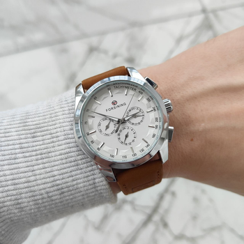 Механические мужские часы Forsining 6917 White/Brown Strap