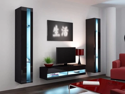 Стенка в гостиную комплект Кама Меблі Vigo New 12 из ламинированной ДСП Черный матовый/Черный глянец Польша без подсветки