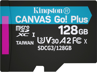 Kingston MicroSDXC 128 GB Canvas Go! Karta Plus Class 10 UHS-I U3 V30 A2 + SD (SDCG3/128 GB)