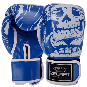 Перчатки для бокса и единоборств на липучке Zelart Skull Fight Gear 5493 12 унций Blue-White