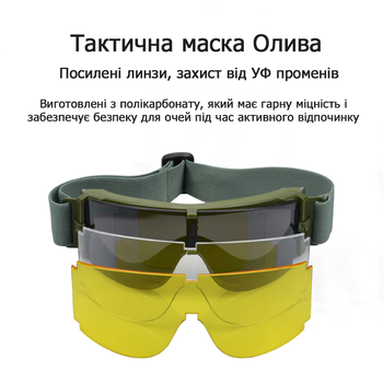 Тактичні окуляри захисна маска з 3 лінзами/Балістичні окуляри зі змінними лінзами (Олива)