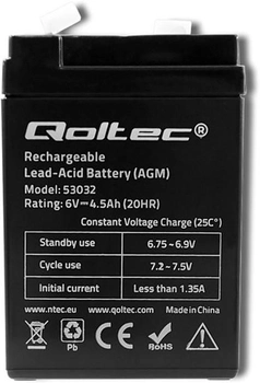 Акумуляторна батарея Qoltec AGM 6V-4.5Ah max. 67.5A (5901878530321)