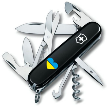 Нож складной 91 мм, 14 функций Victorinox CLIMBER UKRAINE Черный/Сердце сине-желтое