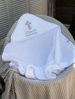 Махрова іменна крижма з датою (БУДЬ-ЯКЕ ІМ'Я) бiла 95х95 см