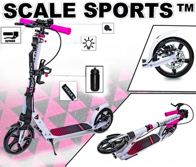 Детский двухколесный самокат Scale Sports SS-12 со складной конструкцией, ручным дисковым тормозом и Led-фонариком, Бело-розовый