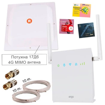 Мощный и удобный 4G WI-FI комплект (роутер ERGO R0516, антенна МИМО 17 Дб)