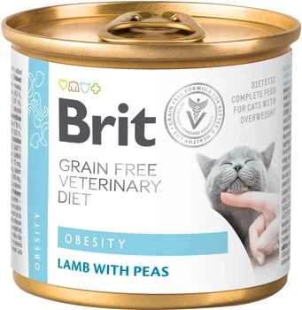 Влажный беззерновой корм Brit Veterinary Diet Obesity для кошек при избыточном весе, ягненок и горох 200 г (8595602549849)