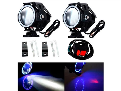 Фары прожекторы для мотоцикла U7 LED 12В 3000лм Angel Eyes голубые + кнопка (116125)