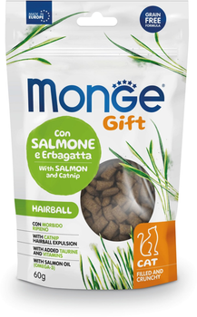 Лакомство для кошек Monge Gift Cat Hairball лосось и кошачья мята 60 г (8009470085038)