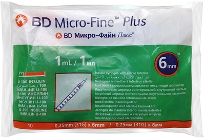 Шприц инсулиновый Becton Dickinson BD Micro-Fine 1 мл U-100 31G 0.25 x 6 мм (0382900929019) №100