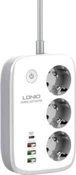 Сетевой удлинитель фильтр LDNIO SEW3452 WiFi Управление, 2500W, 3 розетки, 3USB/1Type-C, QC/PD, 3A/38W 2M, White
