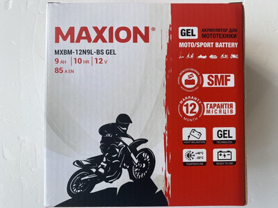 Акумулятор гелевий MAXION MXBM-12N9L-BS GEL, (+/-) 12V, 9Ah, 85 A EN, 137x76x134 мм, вага 2.77кг (YB9-B)