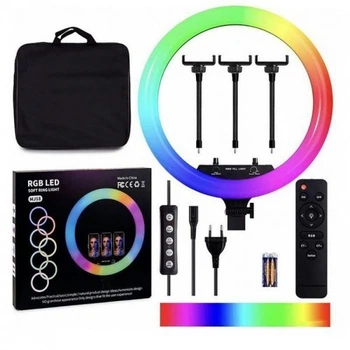 Светодиодная кольцевая лампа с держателем для телефона RGB MJ-18 45см (для блогеров на штативе с пультом)