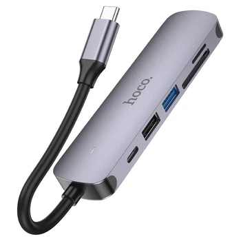 USB-хаб адаптер Hoco HB28 Type-C 5в1 (док станция, 60W, HDTV + USB3.0 + USB2.0 + SD + TF + PD, переходник, для макбука и другой техники) - Темно серый