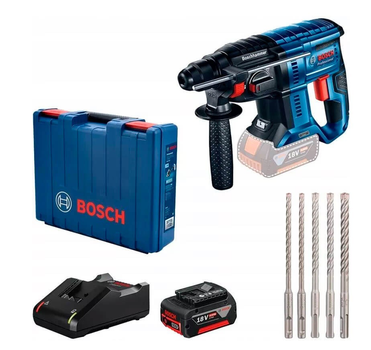 Аккумуляторный перфоратор Bosch Professional GBH 180-Li + чемодан + 2 акб 4.0Ah + з/у GAL18V-40 + набор сверл SDS-Plus-5X (0615990M9C+1600Z00038)