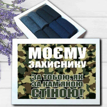 Подарунковий набір чоловічих шкарпеток "Моєму захиснику" 45-47 классика кольорове асорті|8 пар