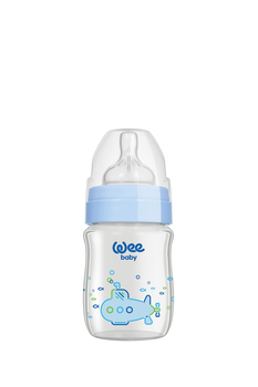 Пляшечка для годування Wee baby Classic Plus № 1 120 мл з широкою шийкою з термостійкого скла блакитна