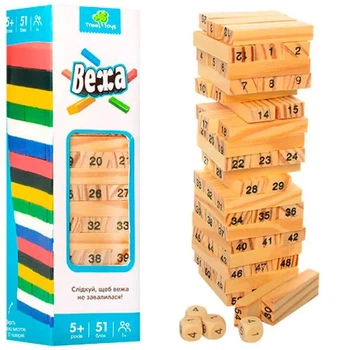 Настольная развлекательная Игра Дженга с цифрами Tree Toys Башня 51 блок, в коробке MD 1210