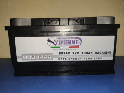 Акумулятор автомобільний Vipiemme B824C (Safe Energy Prus, Pb/Ca, 12V, 100Ah, EN920A, Euro, 175*190*353 мм., Італія, 2023 рік.)