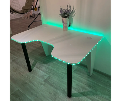Стіл комп'ютерний геймерський ігровий DROM Lite White + LED RGB підсвічування з пультом