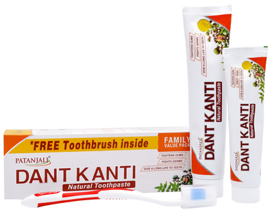 Набор Patanjali Ayurved Зубная паста Dant Kanti Натуральная 200 г +100 г + Зубная щетка (8904109450334)