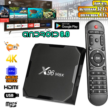 Смарт приставка - медіаплеєр SmartBox X96Max-4К 4/32 Android 9.0N Amlogic S905X2 чотириядерний процесор, пульт ДК