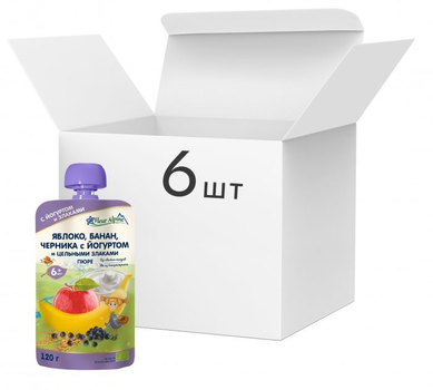 Упаковка фруктового органічного пюре Fleur Alpine Яблуко - Банан - Чорниця з Йогуртом 6шт х 120 г (5024688101168)