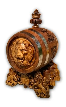 Дубовая бочка подарочная Barrels «Лев» из колотого дуба для виски, вина, самогона и коньяка обручи нержавеющая сталь 8 л