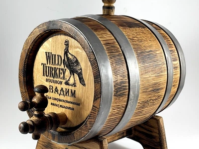 Дубовая бочка Barrels «Wild Turkey» из колотого дуба для виски, вина, самогона и коньяка обручи нержавеющая сталь 2 л