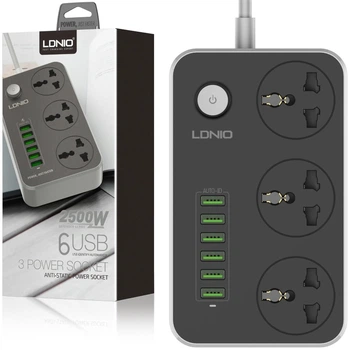Сетевой фильтр удлинитель 3 EU розетки с 6 USB 2м с защитой с заземлением Ldnio 2500W 10A Черный (SC3604)