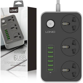 Сетевой фильтр удлинитель 3 EU розетки с 6 USB 2м с защитой с заземлением Ldnio 2500W 10A Черный (SC3604)