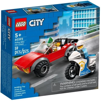 Zestaw klocków LEGO City Motocykl policyjny – pościg za samochodem 59 elementów (60392)