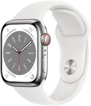 Смарт-годинник Apple Watch Series 8 GPS + Cellular 41mm Silver Stainless Steel Case with White Sport Band (MNJ53)