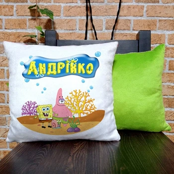 Подушка плюшева квадратна 32х32см з принтом Губка Боб Spongebob ім'я