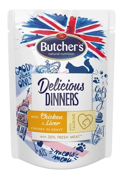 Mokra karma dla kotów BUTCHER'S Delicious Dinners z kurczakiem i wątróbką w sosie - saszetka 100g (65083) (5011792001613)