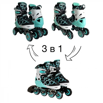 Детские ролики для начинающих 3 в1 Best Roller 4414-М, размер 32,5-36, колеса PU, Черно-бело-голубые