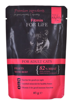 Mokra karma dla dorosłych kotów - fileciki z wołowiną w sosie /Fitmin For Life saszetka 85g (8595237015160)