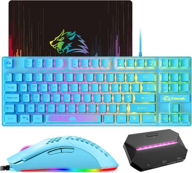 Игровая клавиатура, Plug & Play, с адаптером/конвертером, с подсветкой RGB + программируемая мышь с разрешением 6400 точек на дюйм. Цвет – Синий
