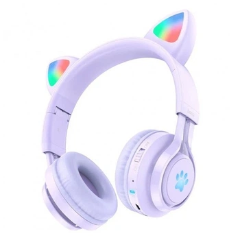 Дитячі навушники з котячими вушками RGB підсвічуванням HOCO W39 Cat Ear kids Bluetooth Фіолетові