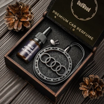 Ароматизатор в машину OudWood из дерева с логотипом Audi (Ауди) по мотивам Creed - Aventus