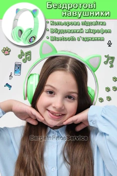 Бездротові Bluetooth 5.0 LED навушники Гарнітура з котячими вушками CAT VIV-38M Складні Кольорове підсвічування з мікрофоном Green