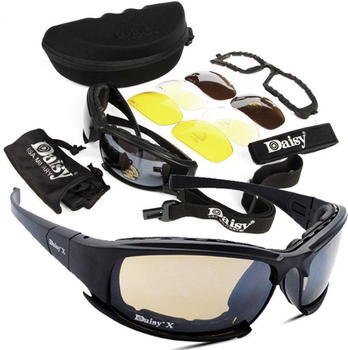 Тактические очки с поляризацией DAISY X7 чёрные, очки для военных, 4 комплекта сменных линз 1.5 мм, в футляре с карабином