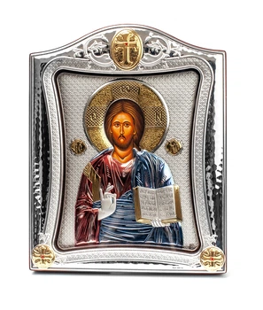 Серебряная Икона Спаситель Иисус&nbsp;Silver Axion 15,5х19,5см в серебренной рамке украшена позолотой и эмалью
