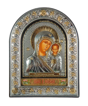 Серебряная Икона Казанская Божья Матерь Silver Axion 16,5х21,5см в арочном киоте под стеклом
