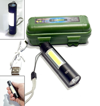 Маленький ручной фонарик BL-1501 / BL-510 XPE + COB светильник, USB зарядка, встроенный аккумулятор (31471)