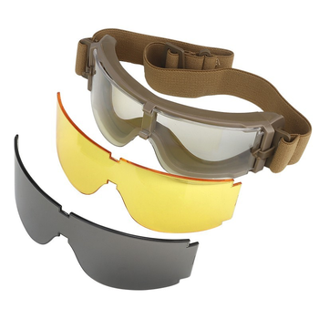 Тактичні окуляри панорамні, вентильовані, 3 лінзи, Tan (для Airsoft, Страйкбол)