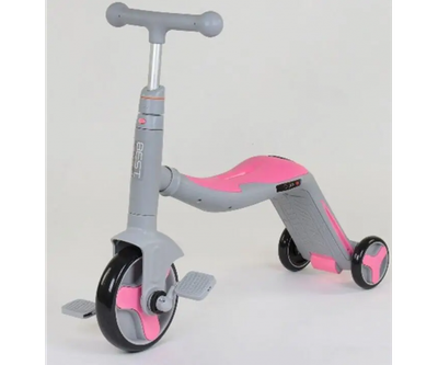 Дитячий самокат беговел велосипед трансформер 3в1 Best Scooter 60190 Підсвічування і музика Сірий з рожевим
